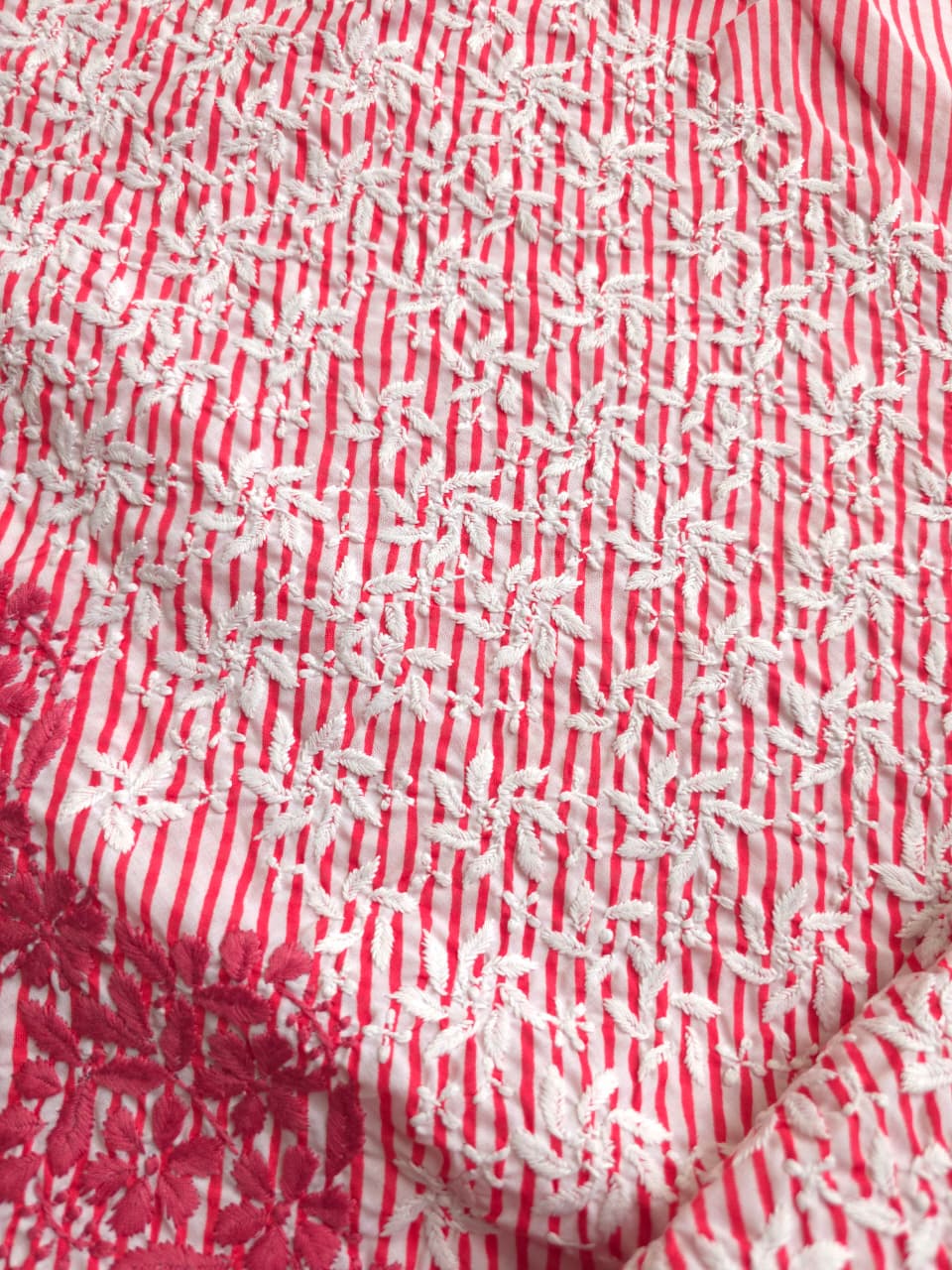 Carrot color cotton leheriya kurta fabric with jaalwork
