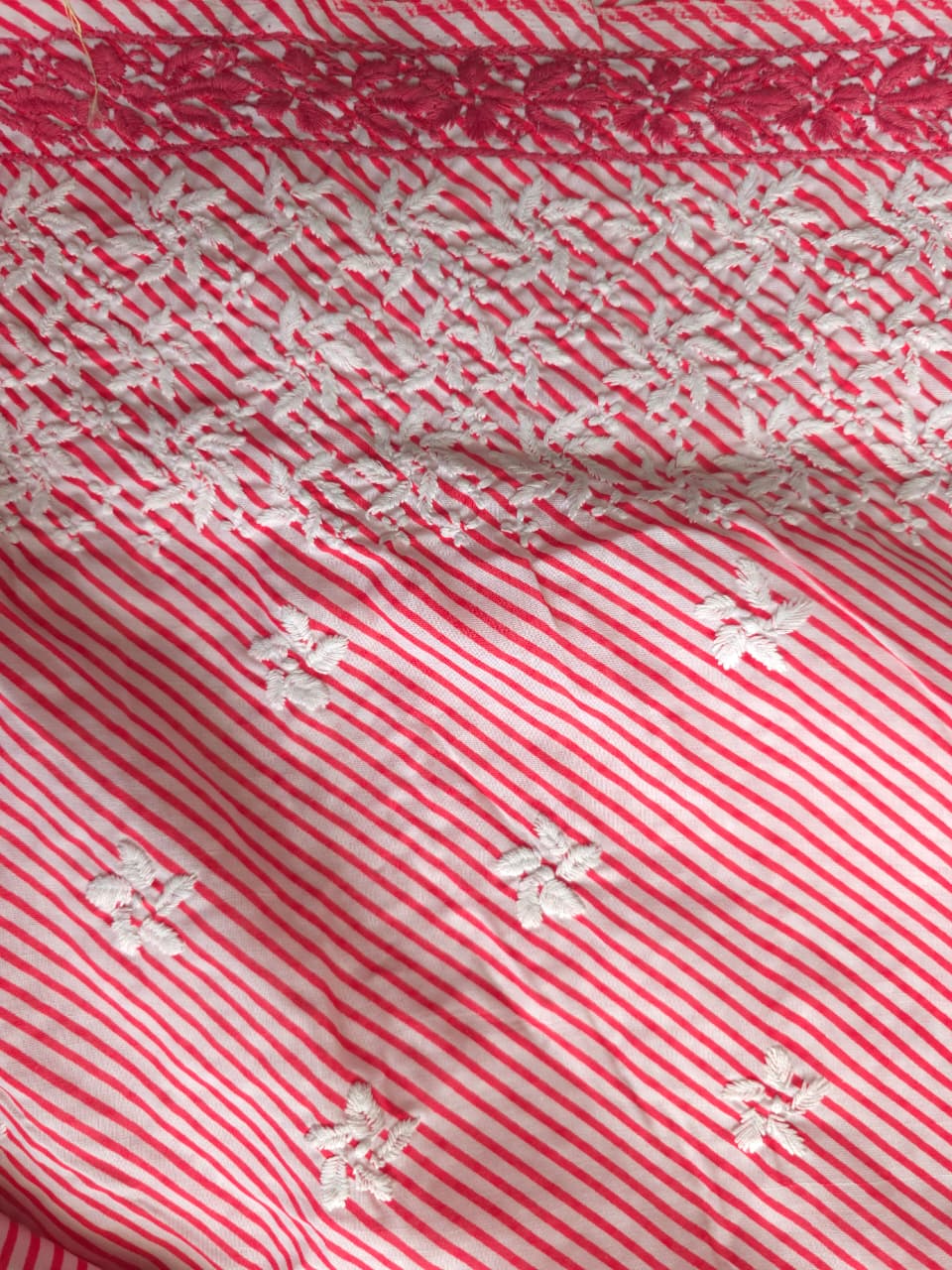 Carrot color cotton leheriya kurta fabric with jaalwork