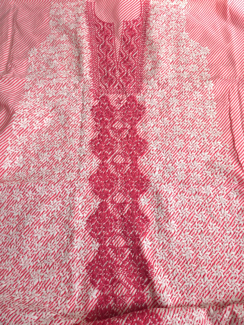 Carrot color cotton leheriya kurta fabric with jaalwork