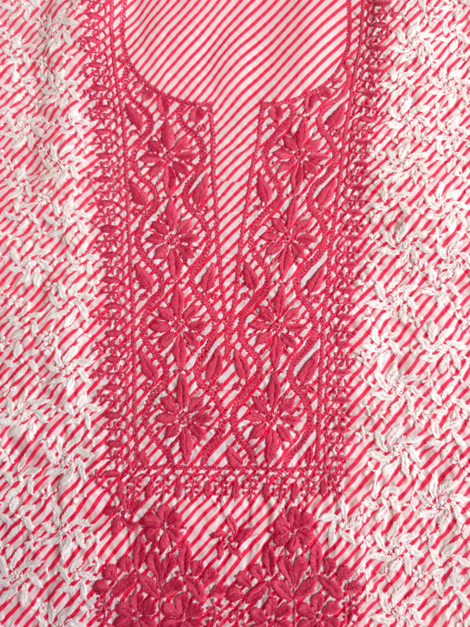 Carrot color cotton leheriya kurta fabric with jaalwork