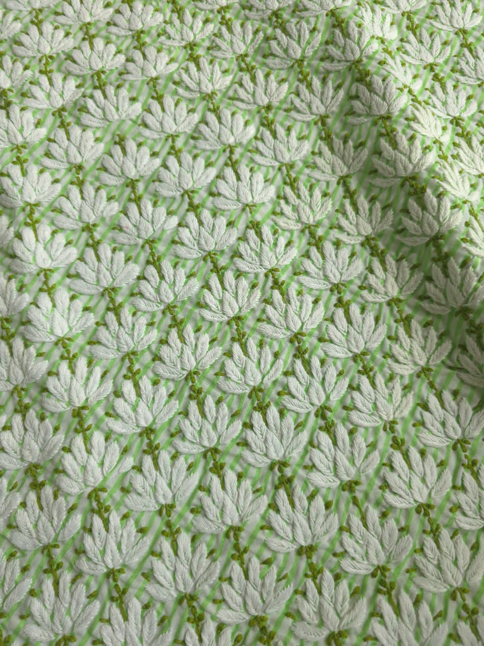 Green cotton Leheriya kurta fabric with Jaalwork