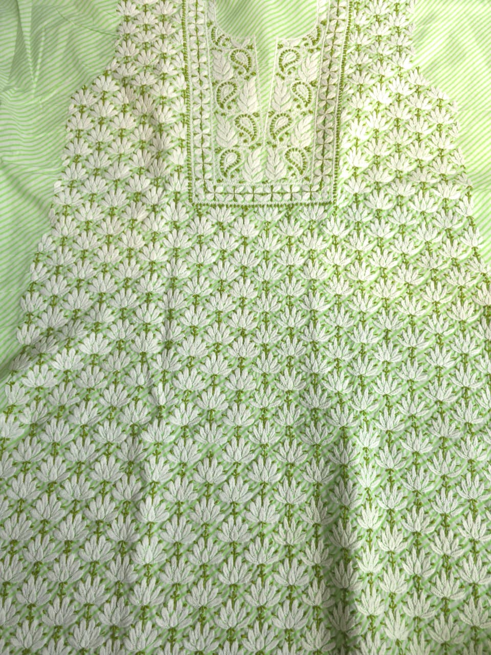 Green cotton Leheriya kurta fabric with Jaalwork
