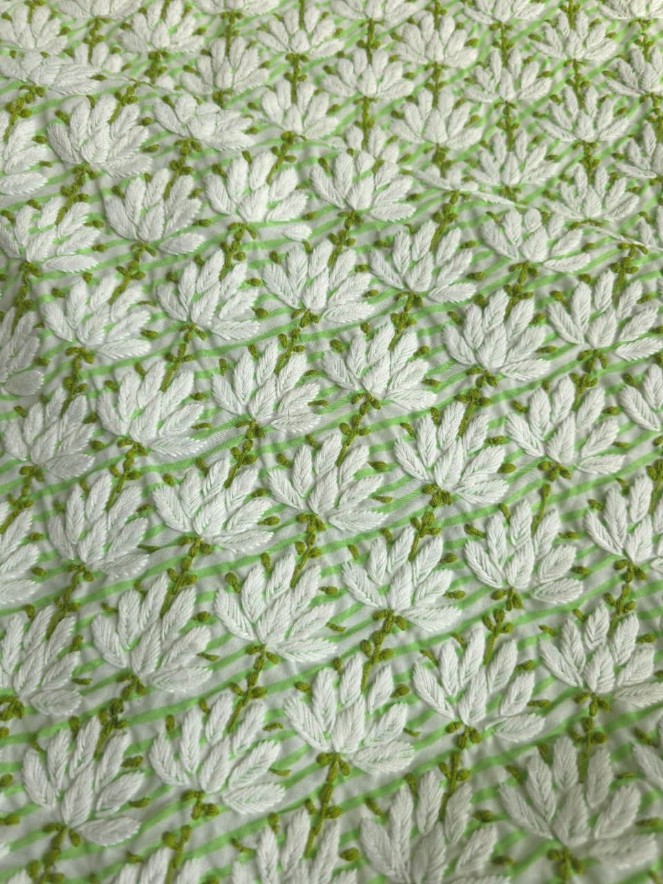 Green cotton Leheriya kurta fabric with Jaalwork