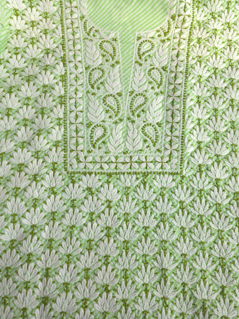 Green cotton Leheriya kurta fabric with Jaalwork