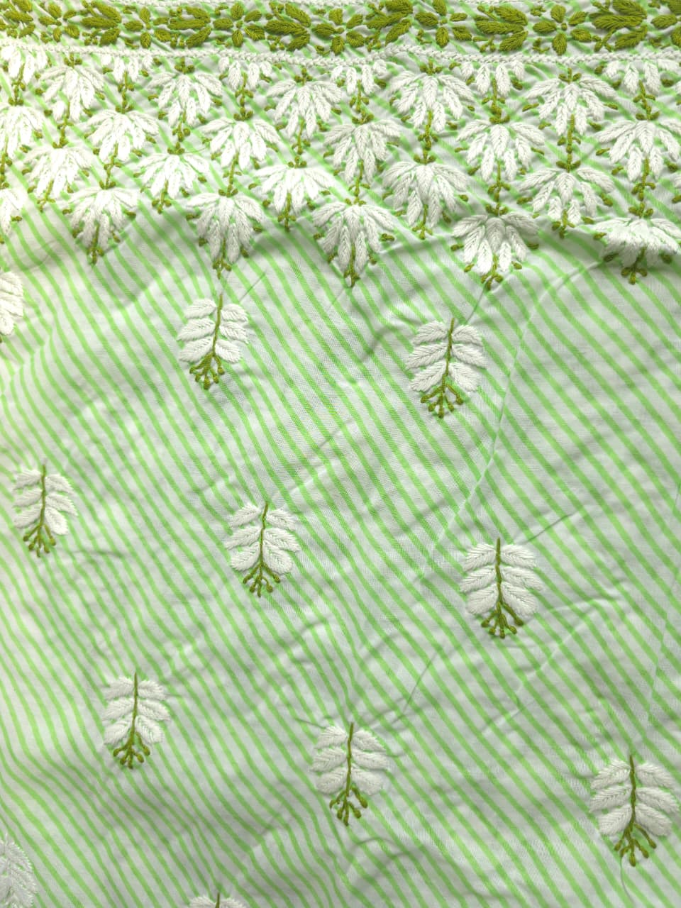 Green cotton Leheriya kurta fabric with Jaalwork