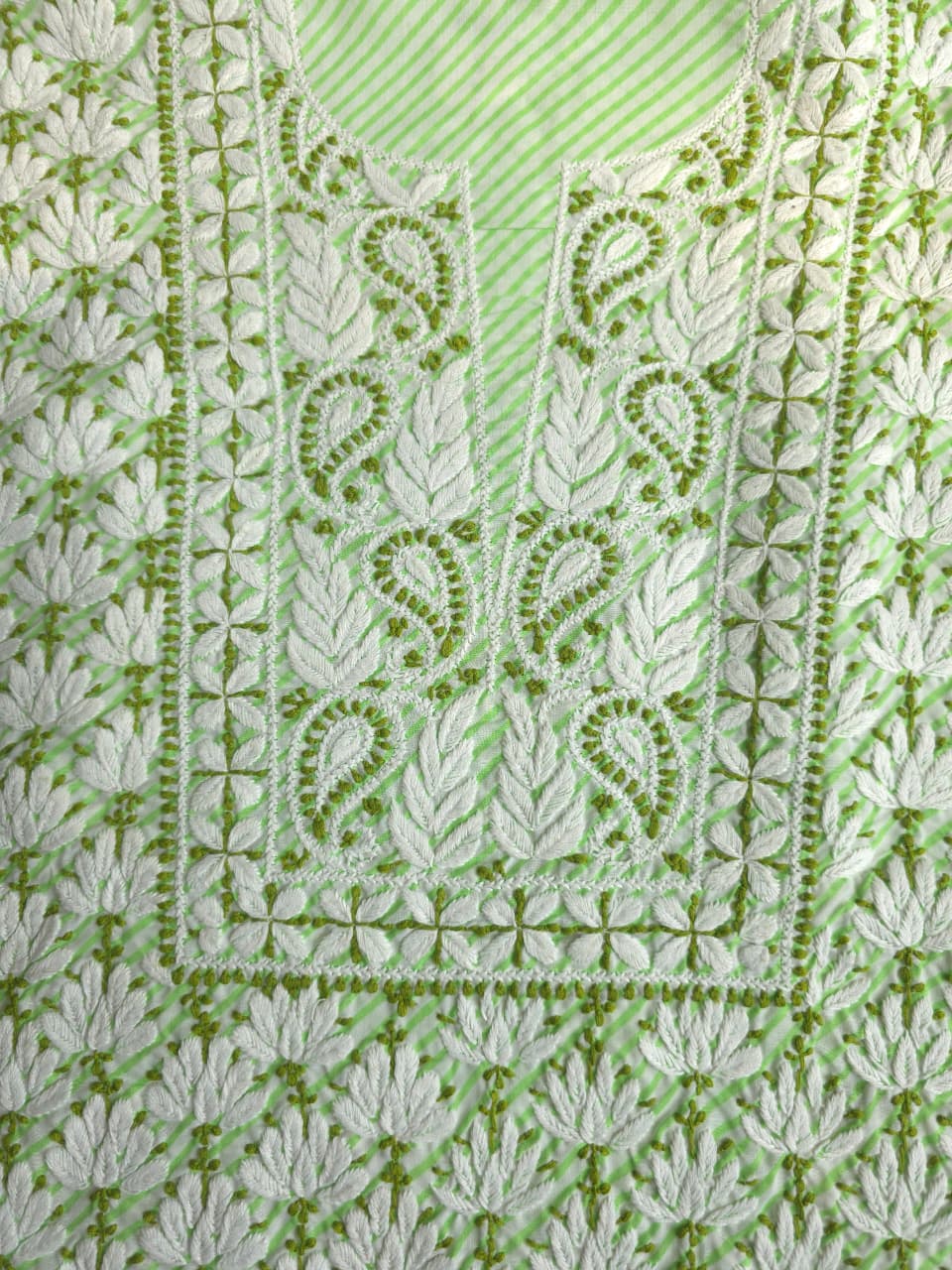 Green cotton Leheriya kurta fabric with Jaalwork