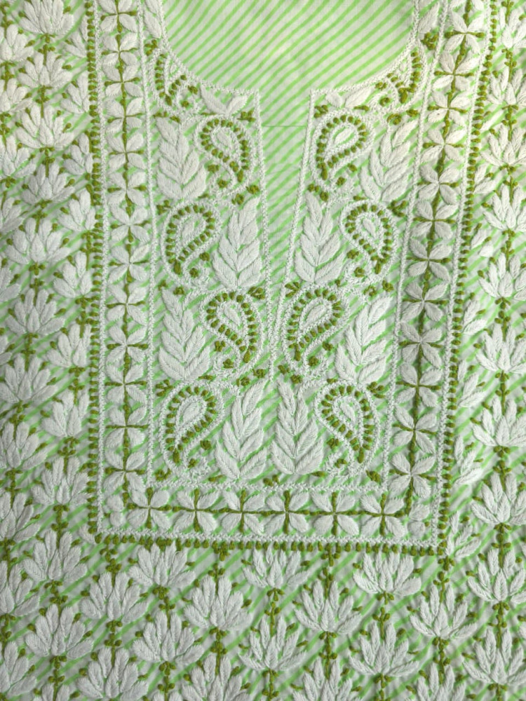 Image of Green cotton Leheriya kurta fabric with Jaalwork