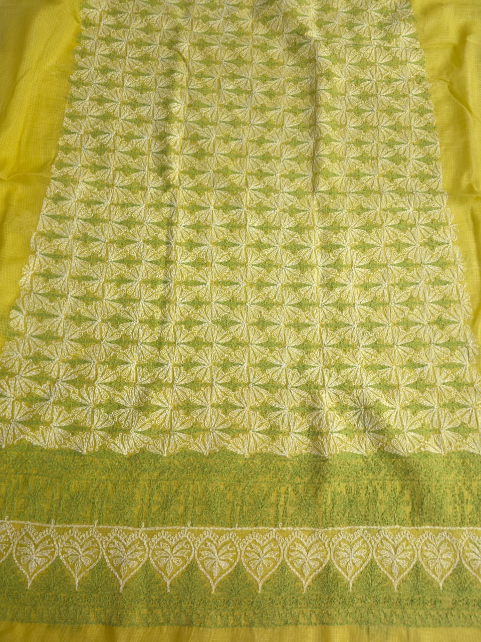 Lime Green kota cotton kurta fabric with tepchi Jaal