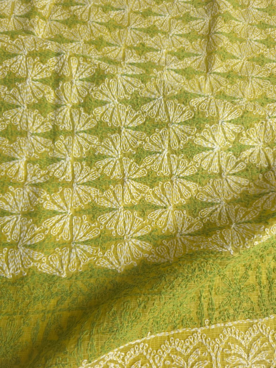 Lime Green kota cotton kurta fabric with tepchi Jaal