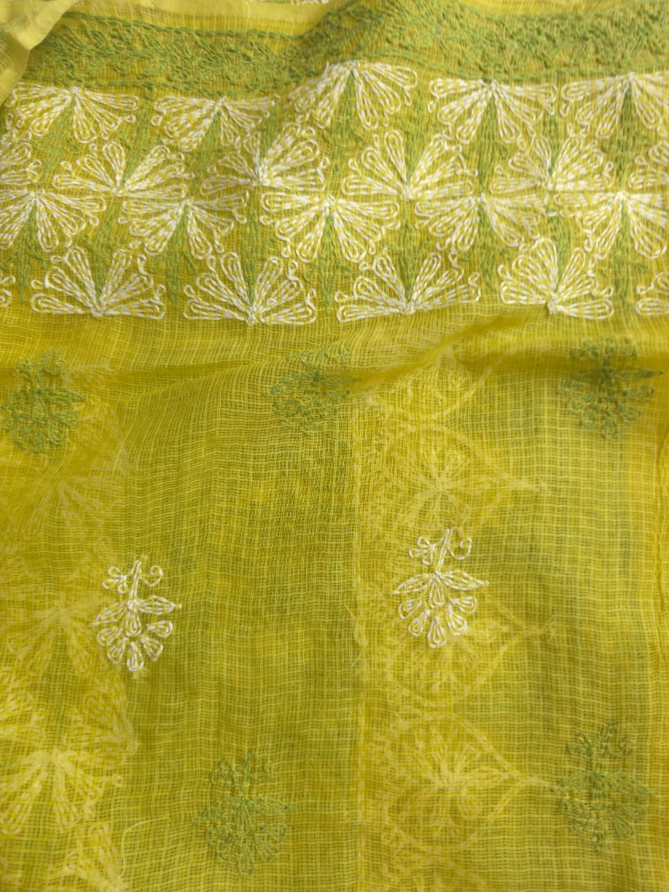 Lime Green kota cotton kurta fabric with tepchi Jaal