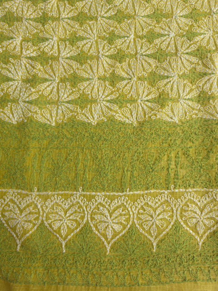Image of Lime Green kota cotton kurta fabric with tepchi Jaal