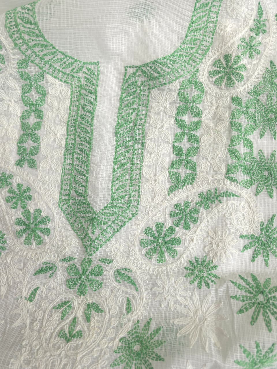 White Kota cotton kurta fabric with beautiful dual color tepchi work