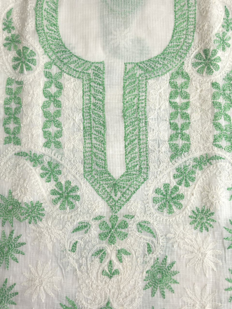 Image of White Kota cotton kurta fabric with beautiful dual color tepchi work
