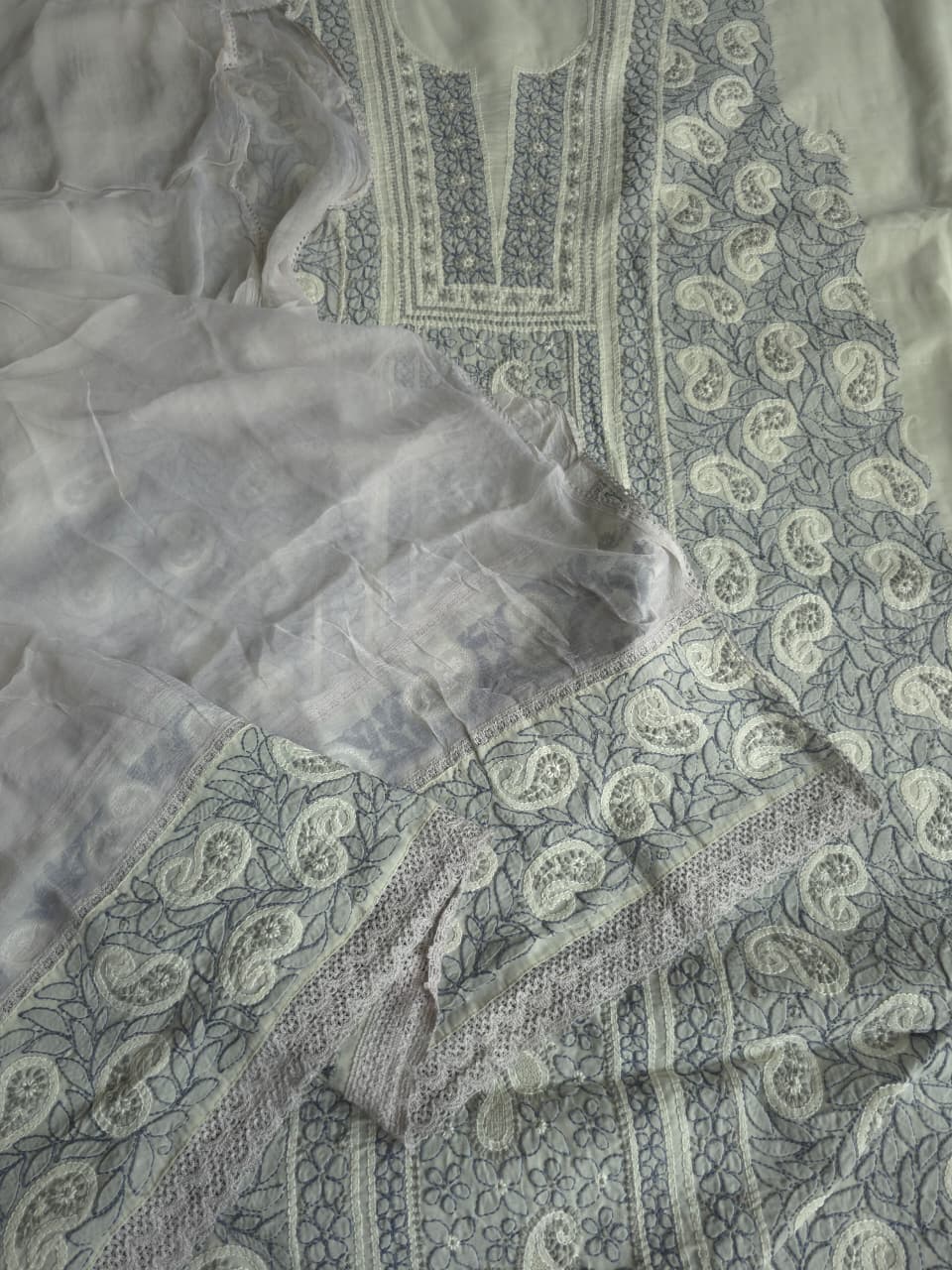 Light grey Cotton full set with fine chikankari and handwork