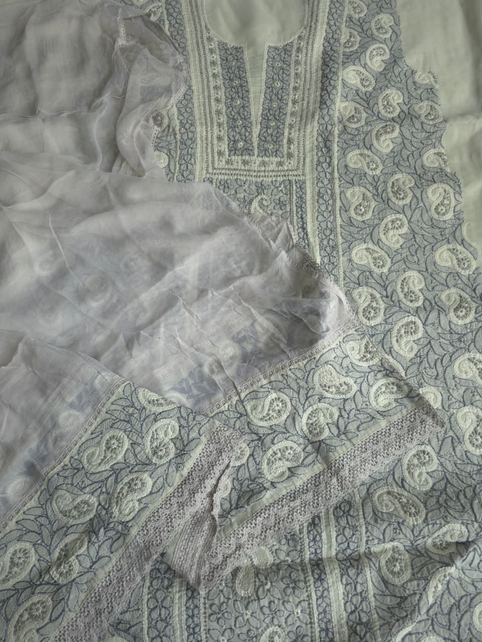Light grey Cotton full set with fine chikankari and handwork
