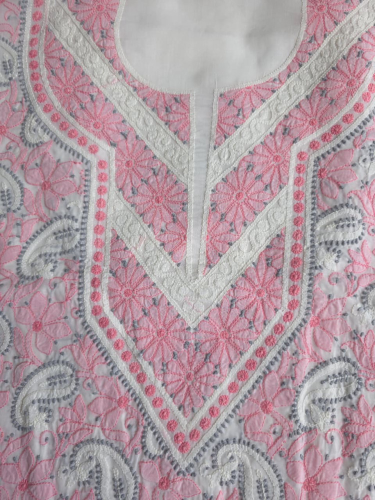 Image of White cotton full set with multicolored fine chikankari