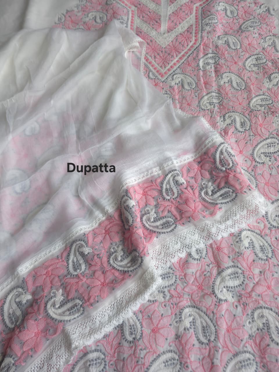White cotton full set with multicolored fine chikankari