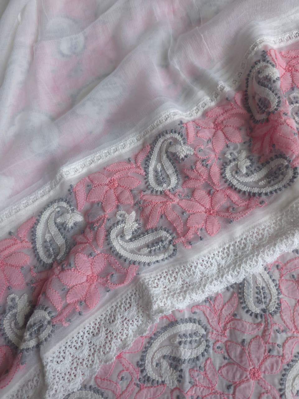 White cotton full set with multicolored fine chikankari
