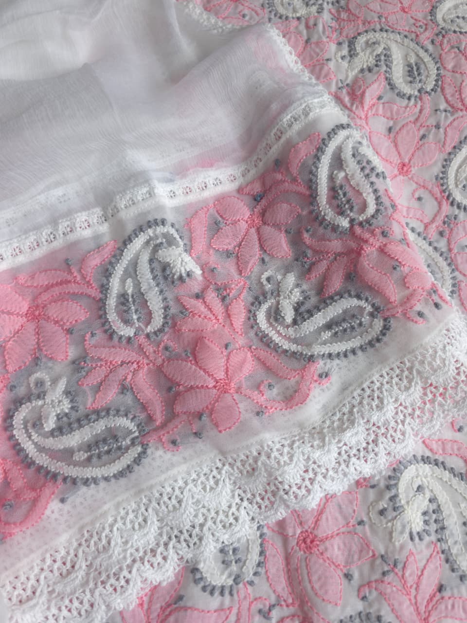 White cotton full set with multicolored fine chikankari