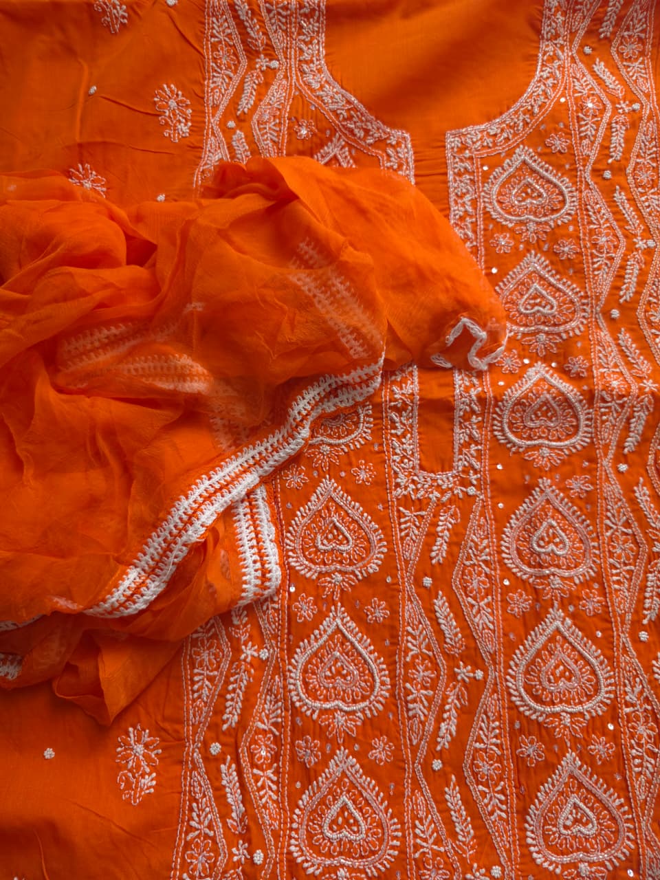 Orange Color cotton full set with chikankari and embellishments