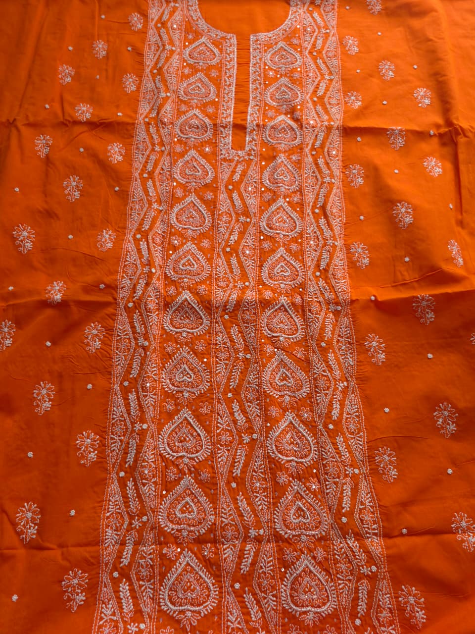 Orange Color cotton full set with chikankari and embellishments