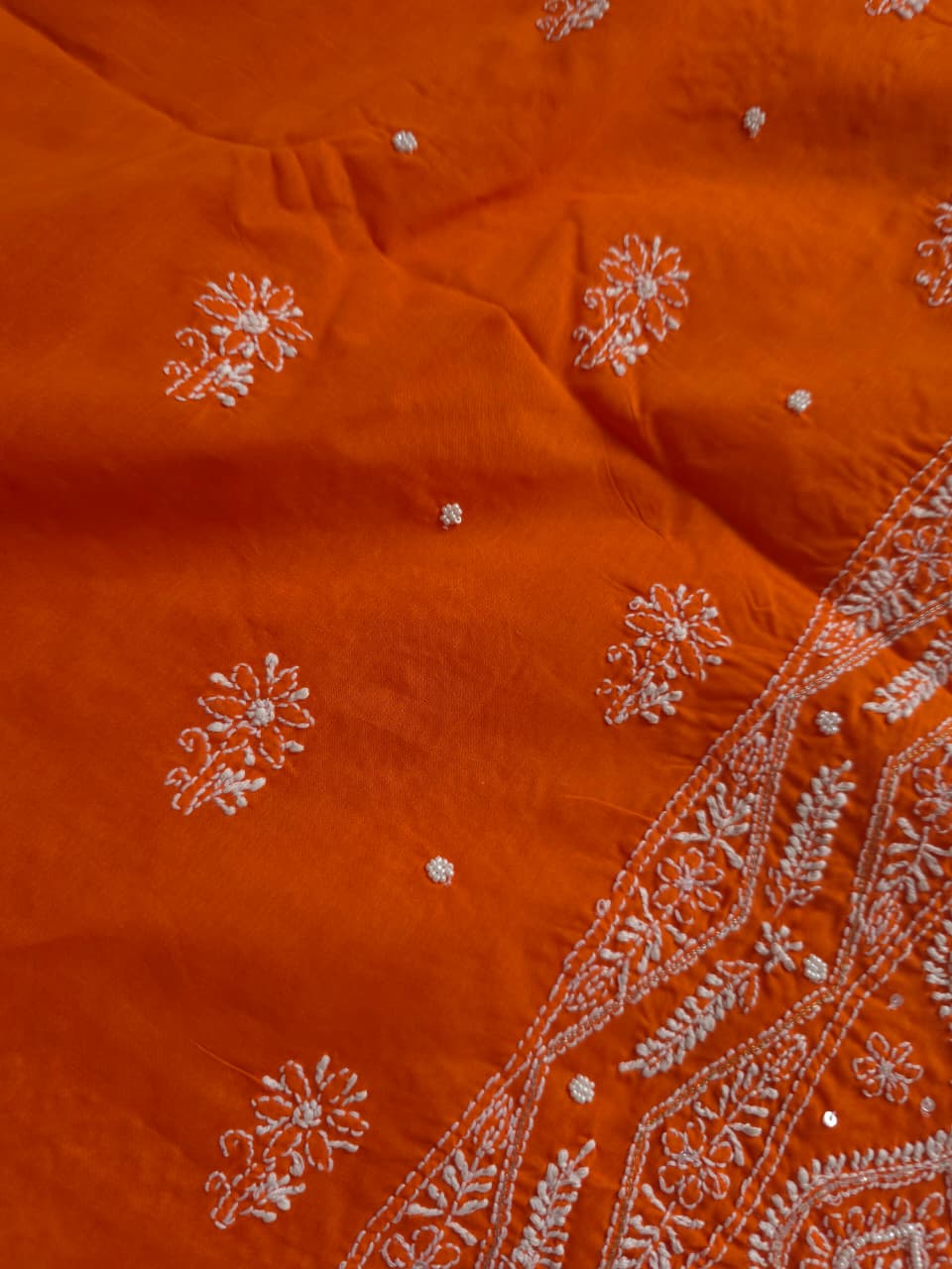 Orange Color cotton full set with chikankari and embellishments