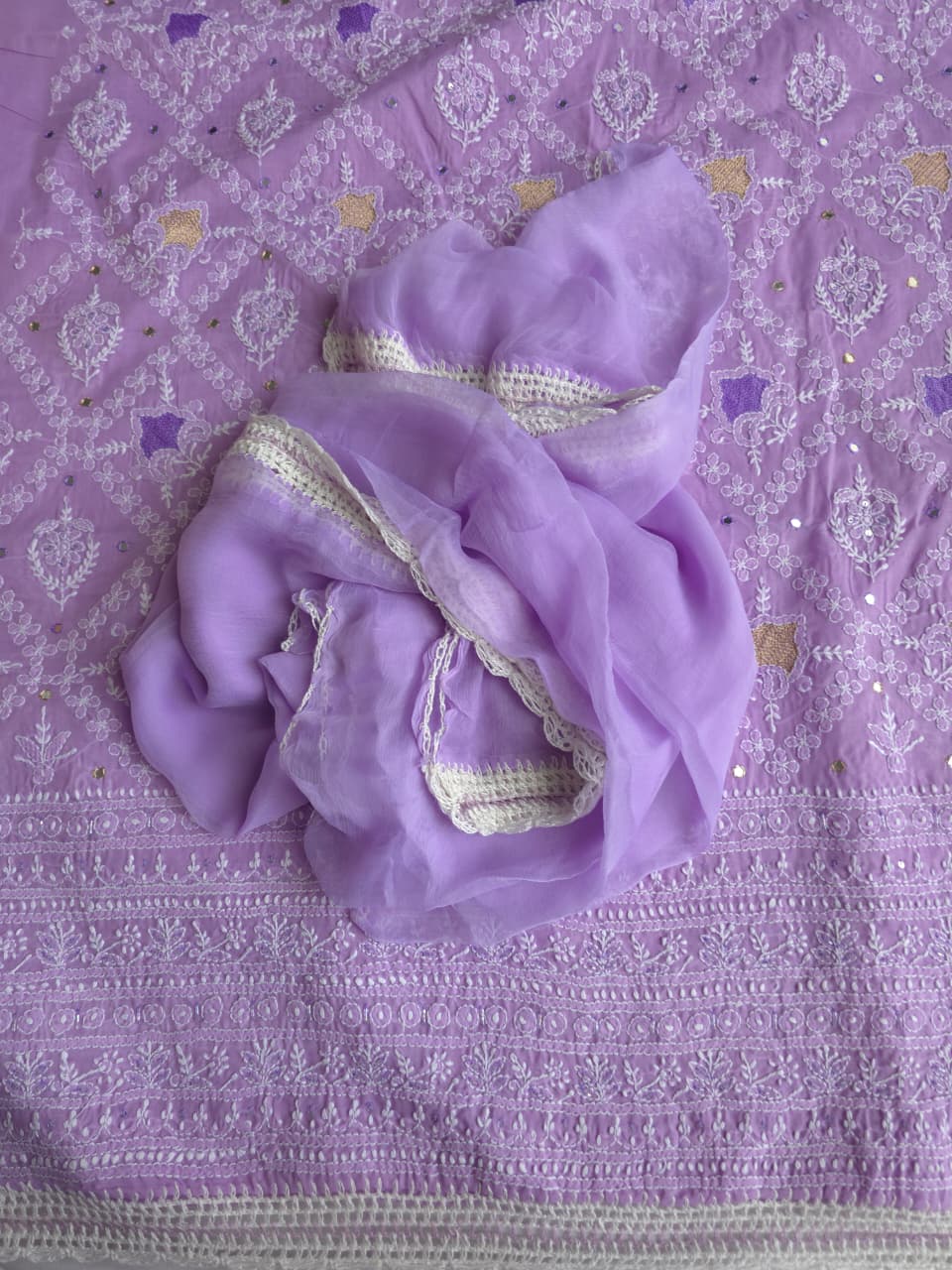 Lilac cotton full set with chikankari jaalwork and embellishments