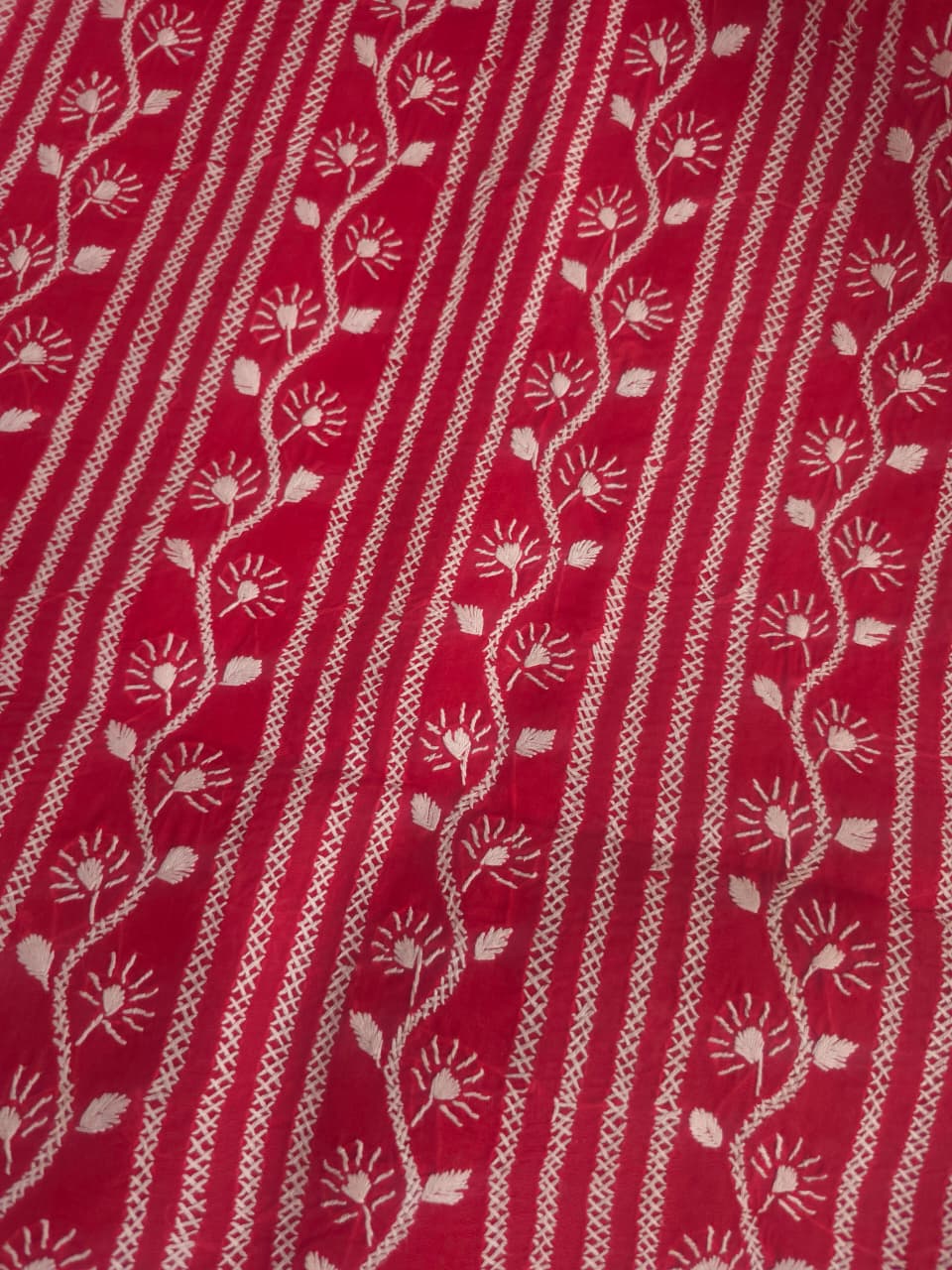 Red cotton kurta fabric with chikankari Handwork