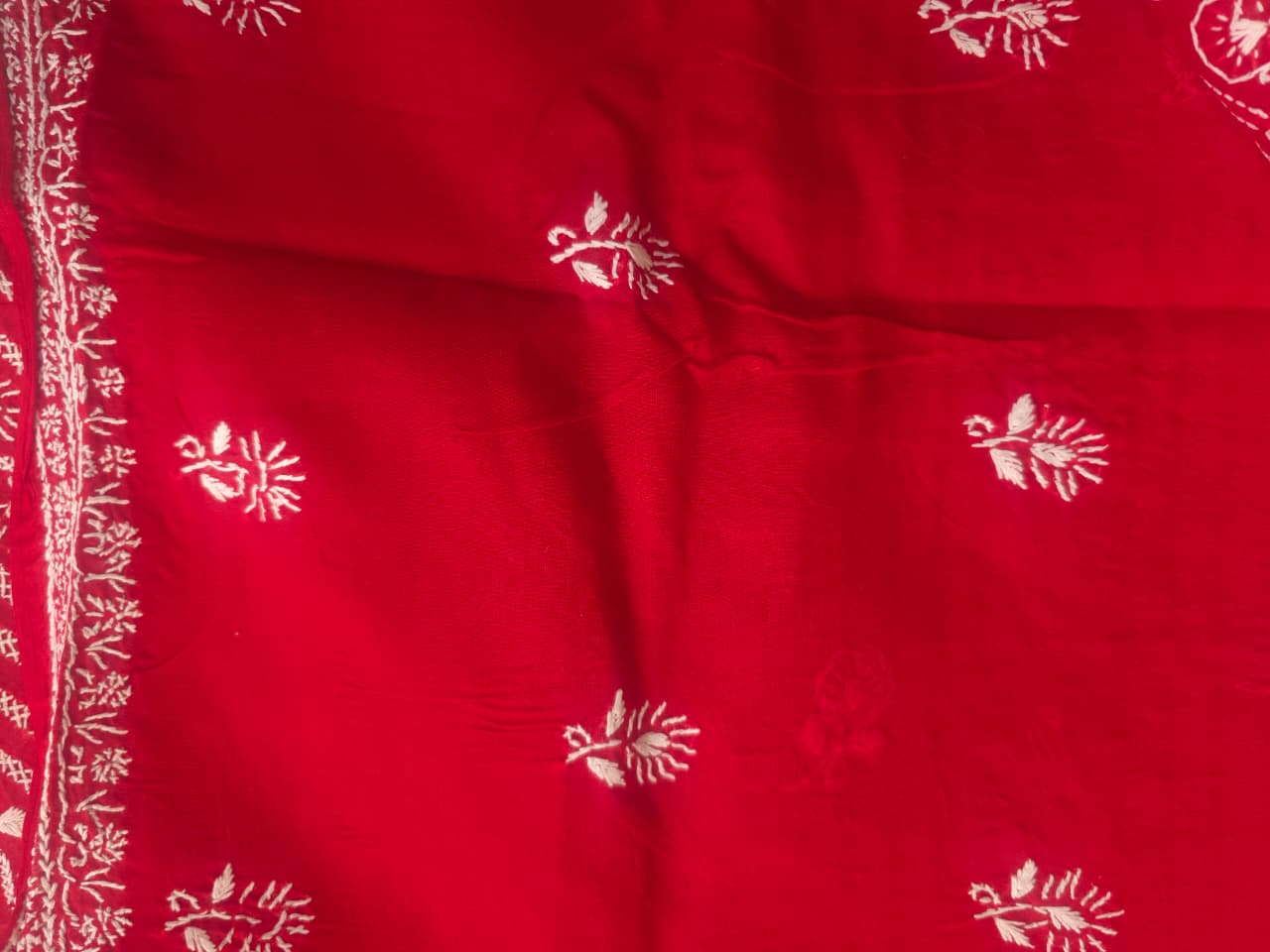 Red cotton kurta fabric with chikankari Handwork