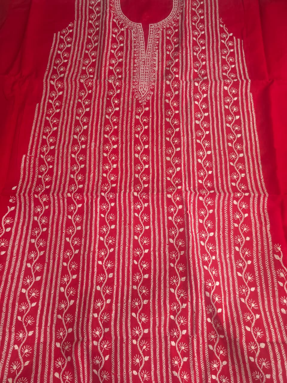 Red cotton kurta fabric with chikankari Handwork