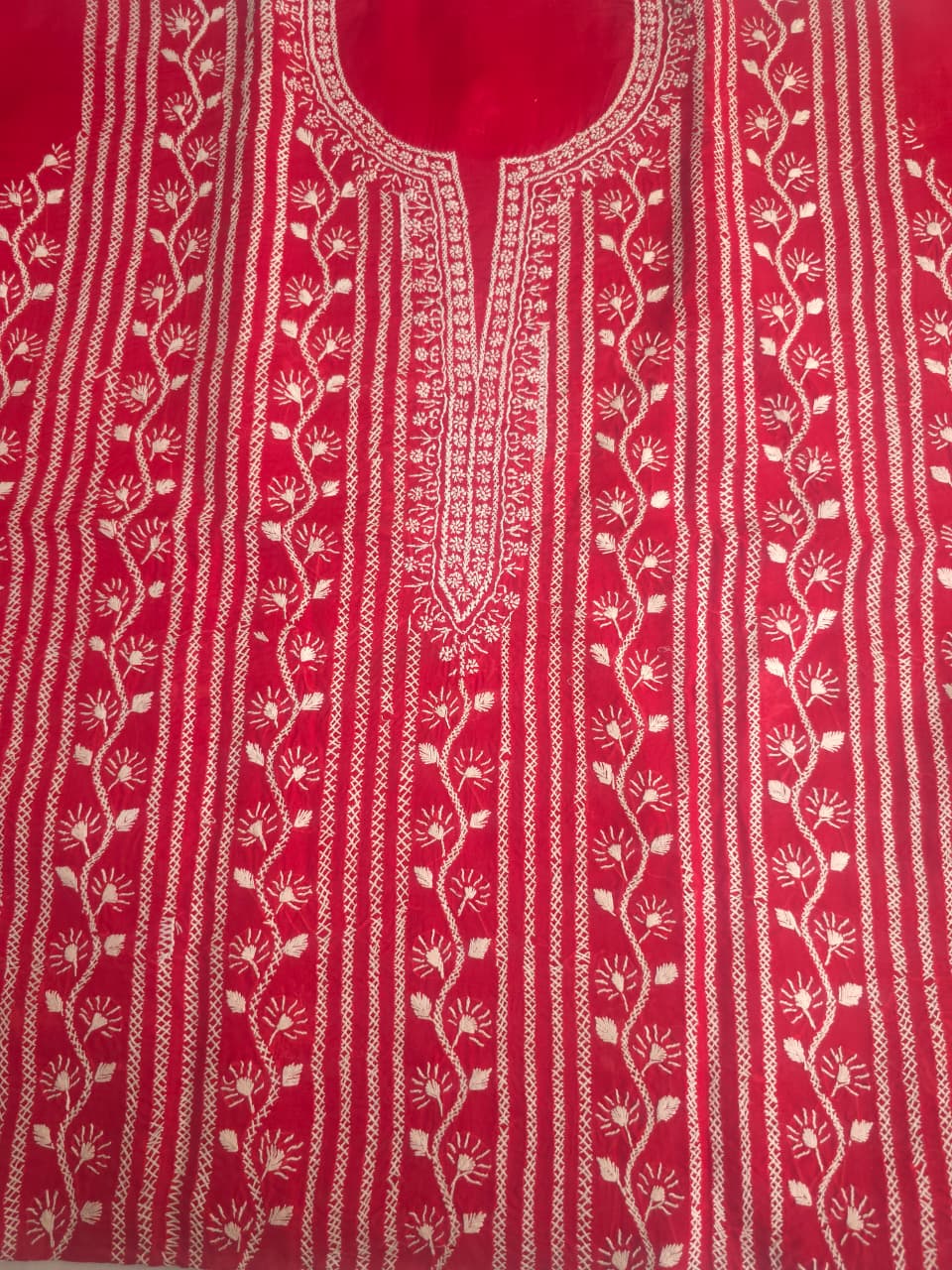 Red cotton kurta fabric with chikankari Handwork