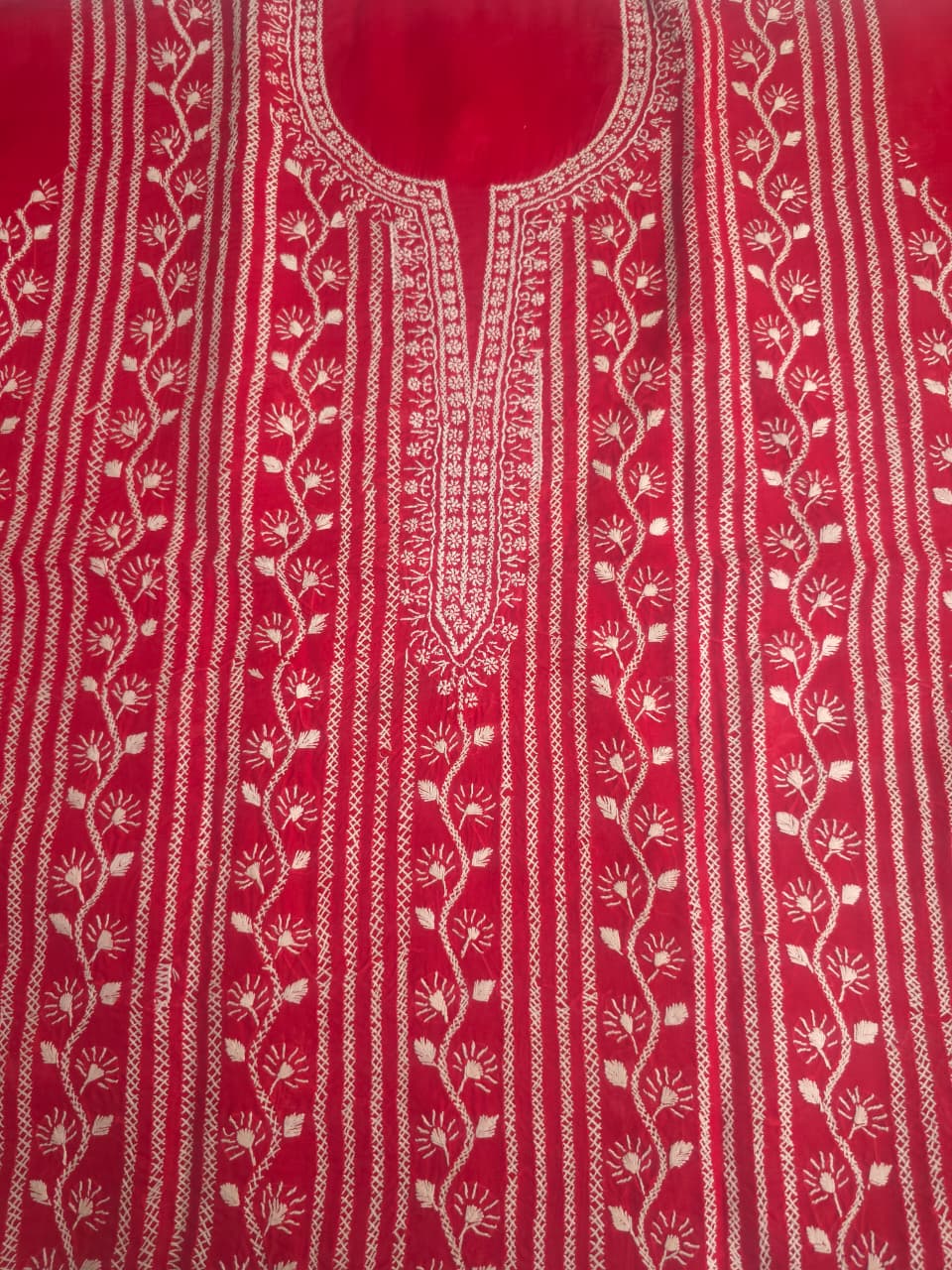 Red cotton kurta fabric with chikankari Handwork
