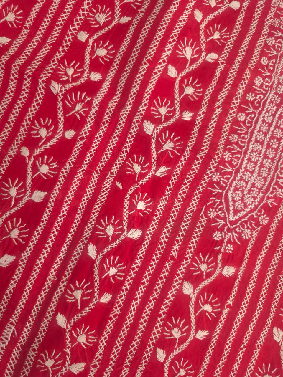 Red cotton kurta fabric with chikankari Handwork