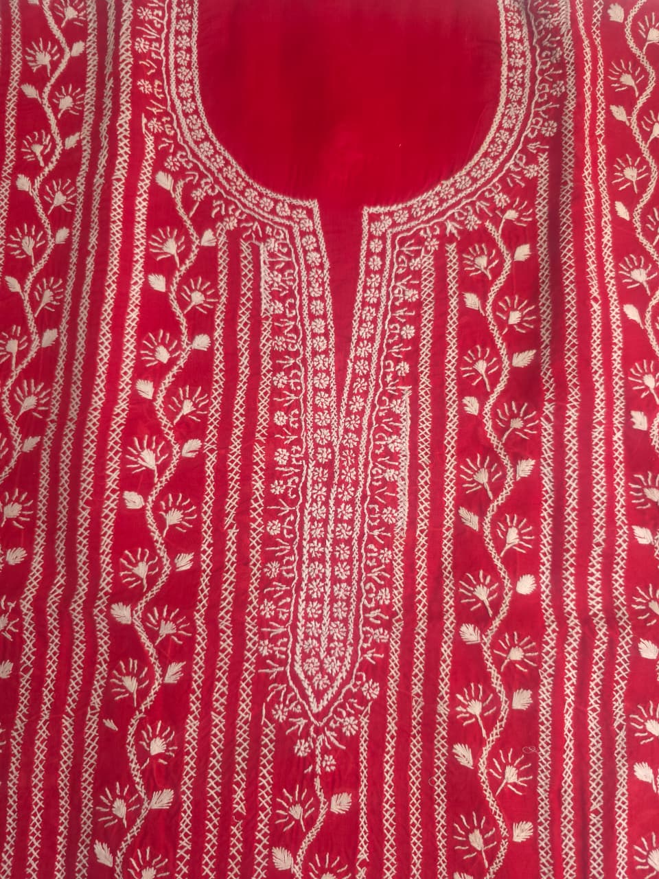 Red cotton kurta fabric with chikankari Handwork