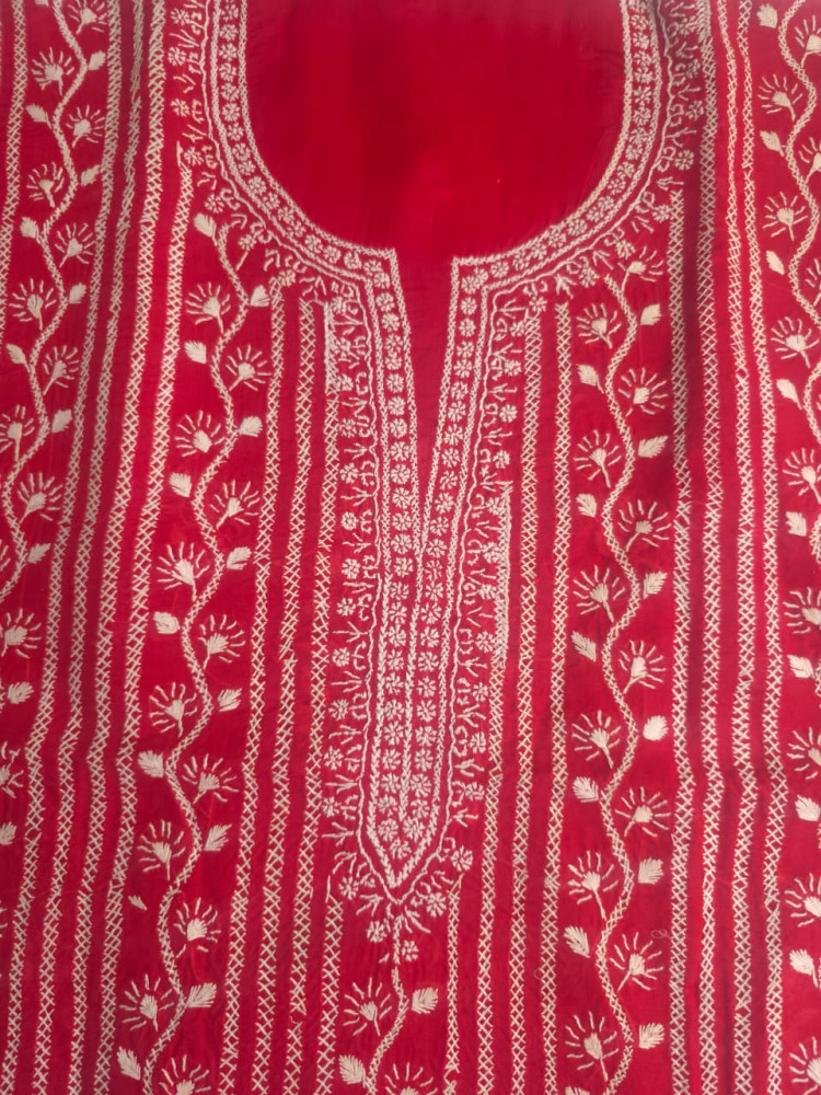 Image of Red cotton kurta fabric with chikankari Handwork