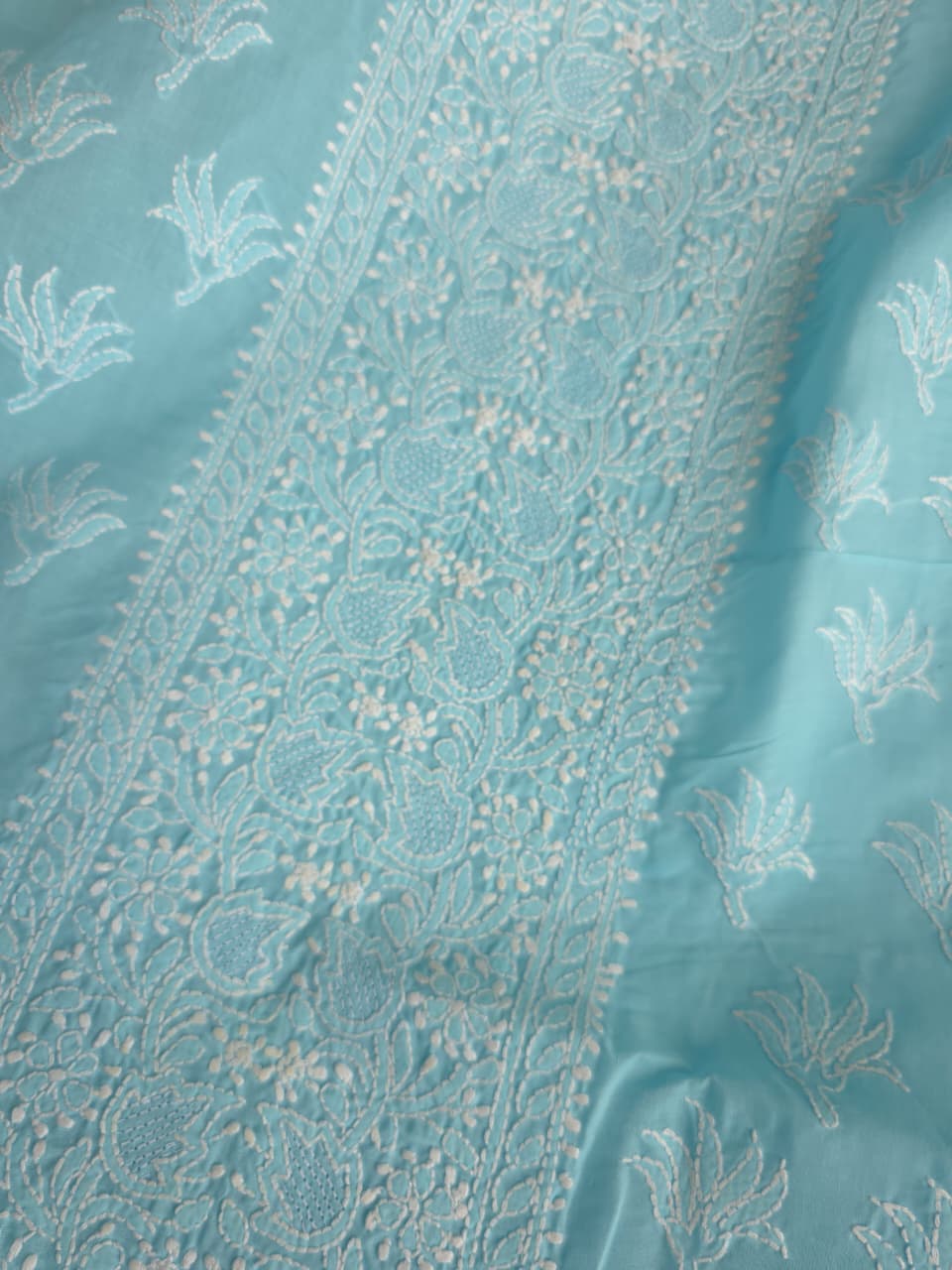Blue cotton Kurta fabric with fine handwork jaaliwork