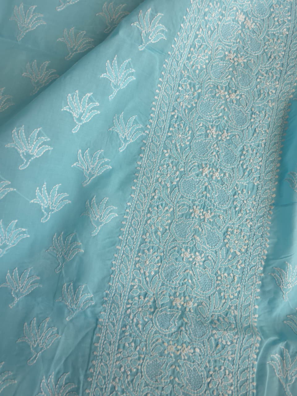 Blue cotton Kurta fabric with fine handwork  jaaliwork