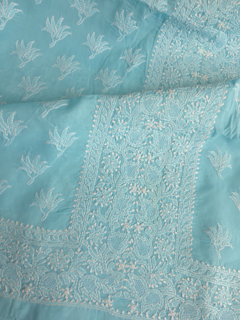 Blue cotton Kurta fabric with fine handwork jaaliwork
