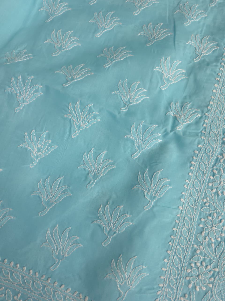 Blue cotton Kurta fabric with fine handwork jaaliwork