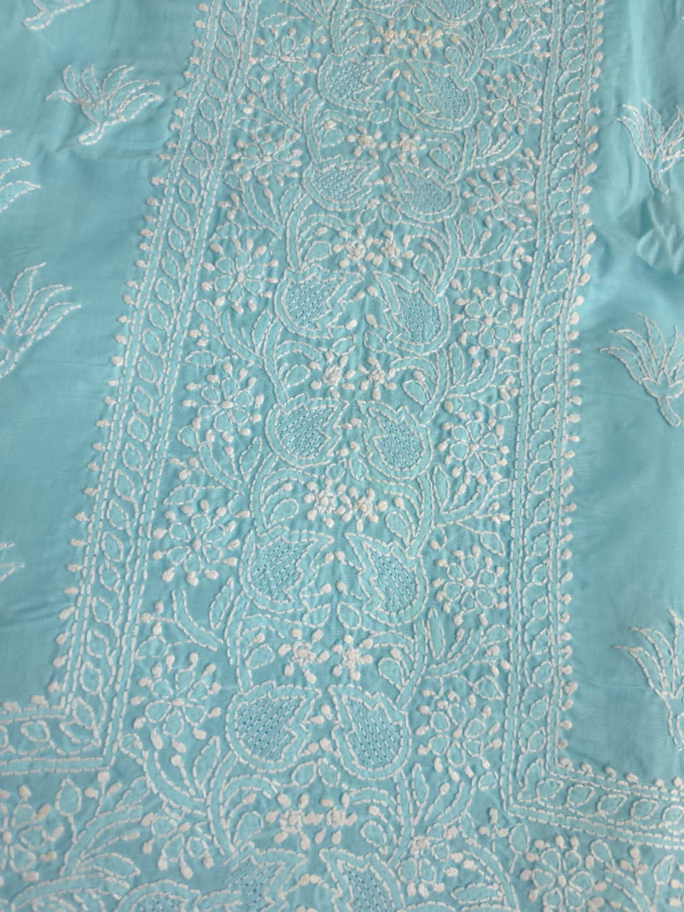 Blue cotton Kurta fabric with fine handwork jaaliwork