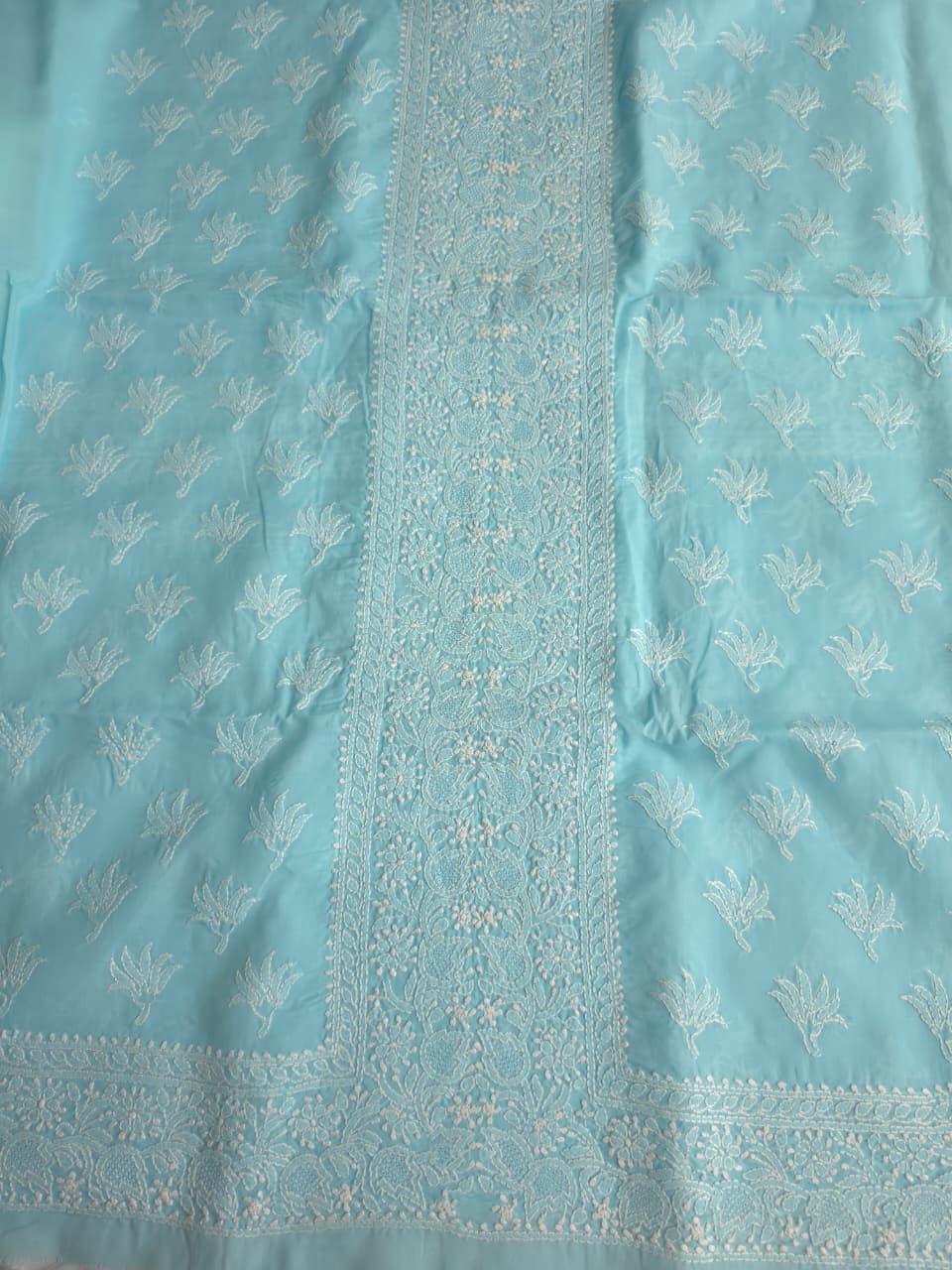 Blue cotton Kurta fabric with fine handwork jaaliwork