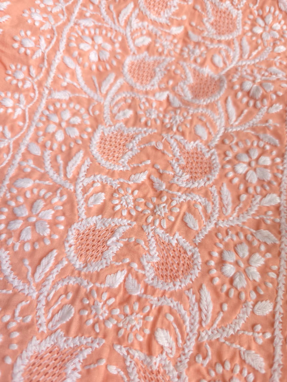 Peach Cotton Kurta fabric with fine handwork Jaaliwork