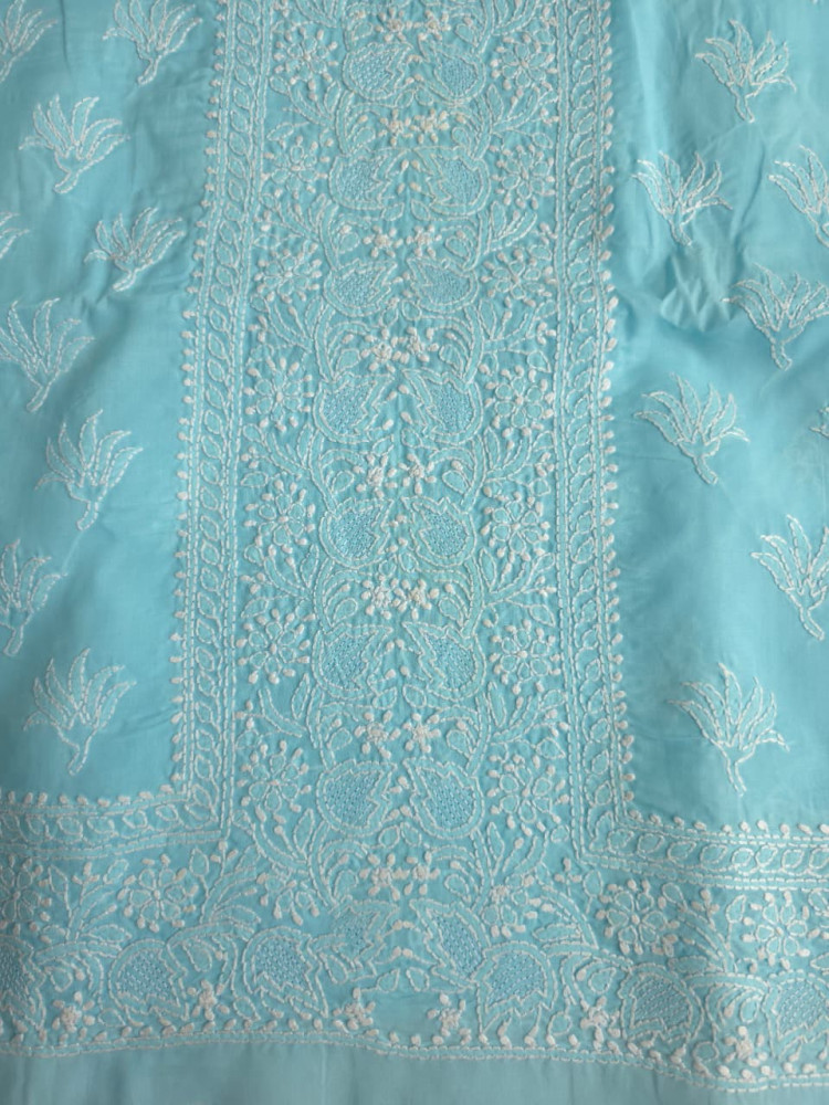Image of Blue cotton Kurta fabric with fine handwork &amp; jaaliwork