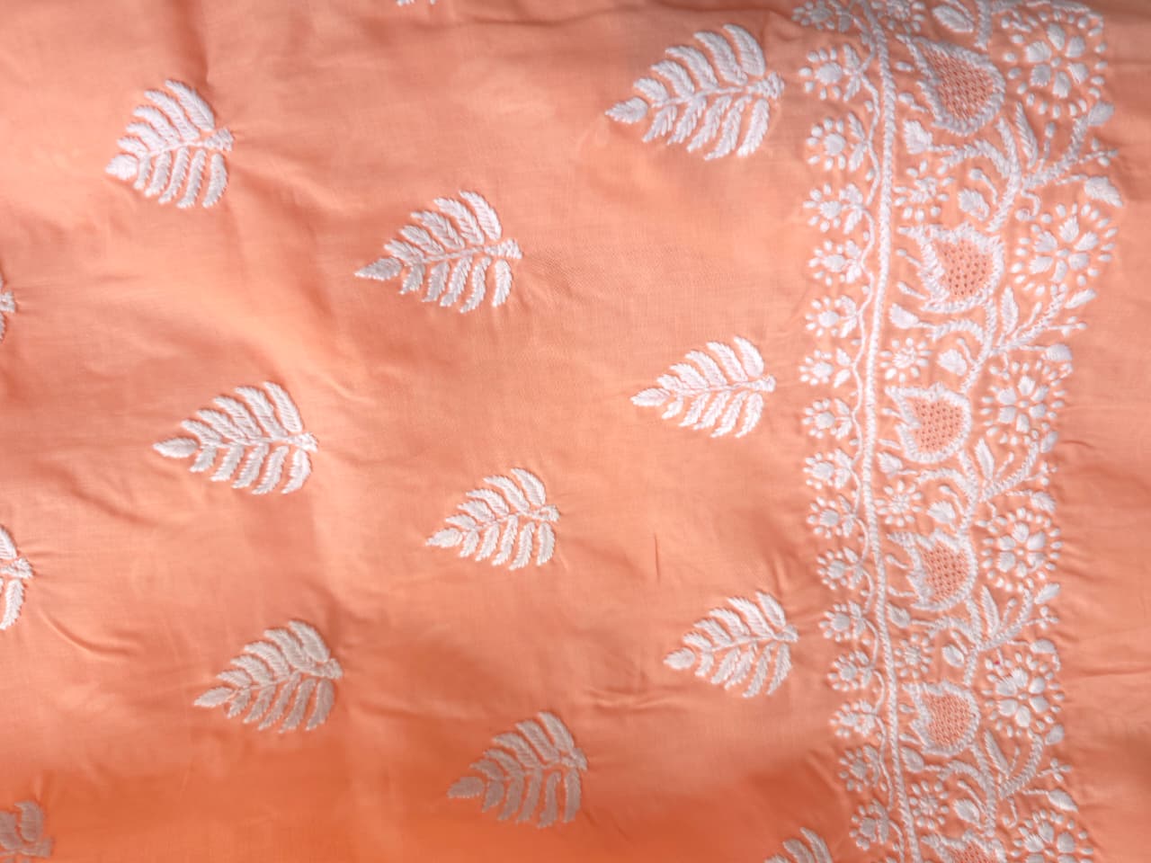Peach Cotton Kurta fabric with fine handwork  Jaaliwork