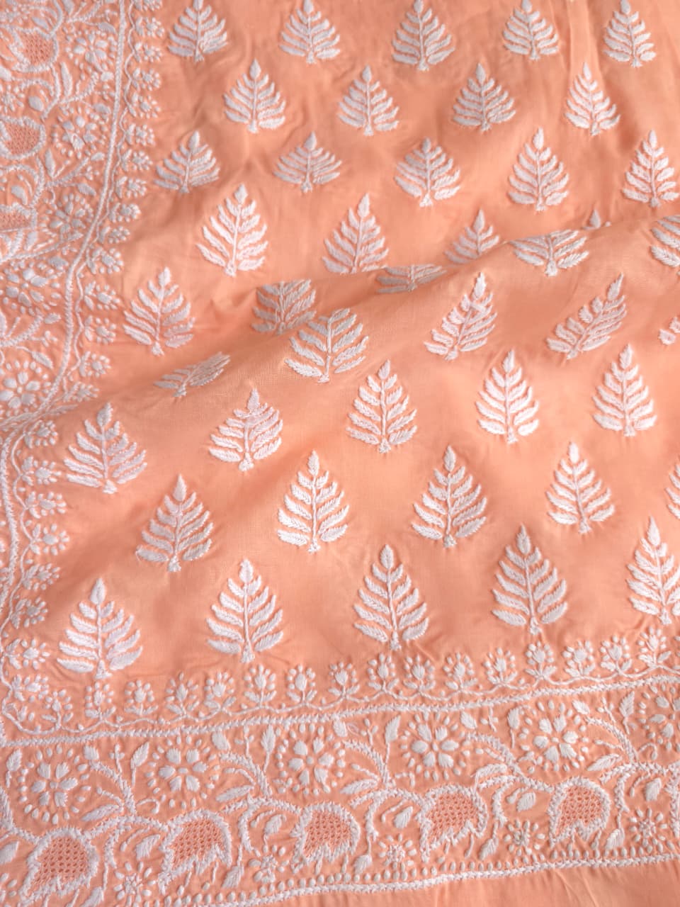 Peach Cotton Kurta fabric with fine handwork  Jaaliwork
