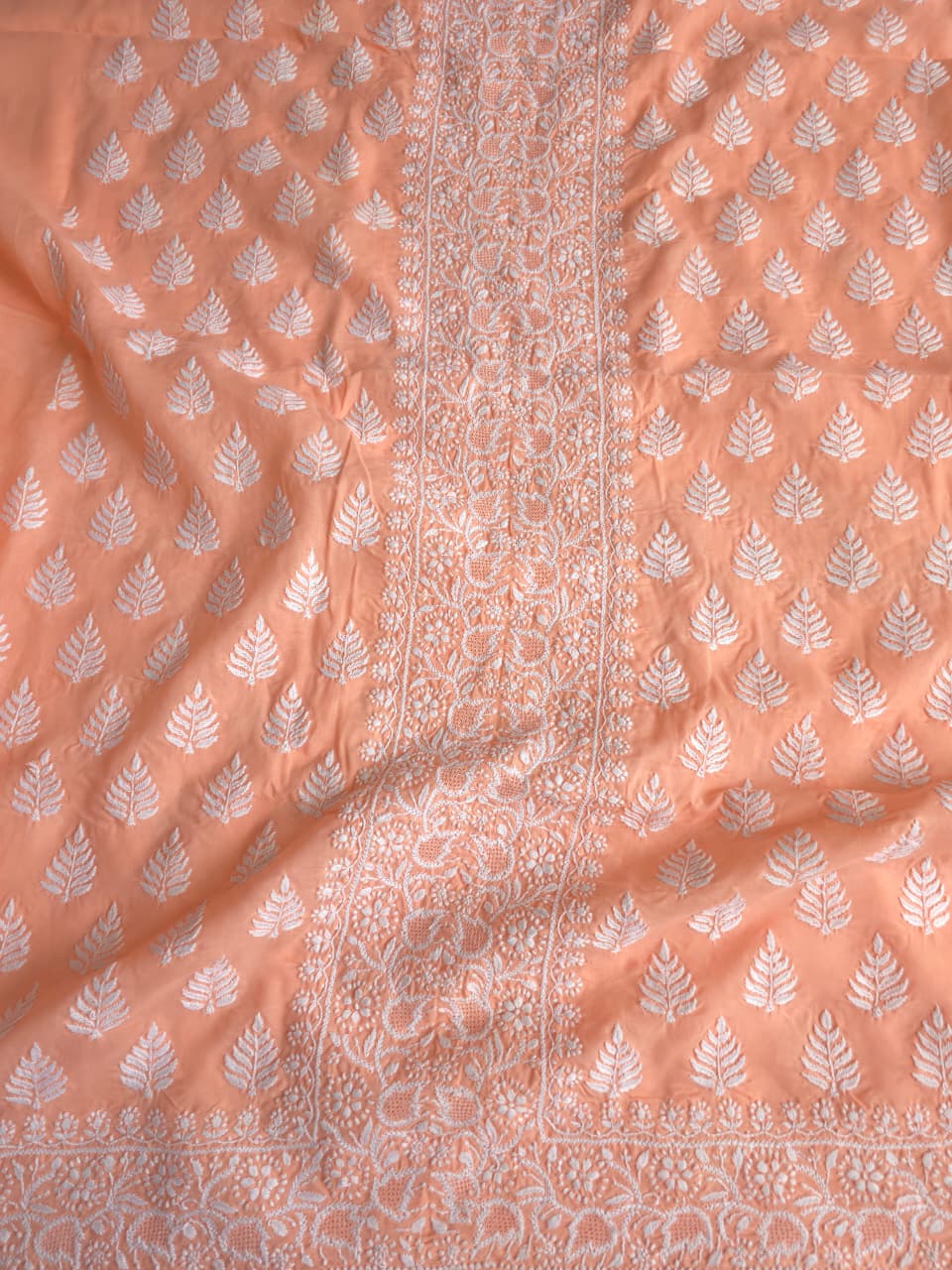 Peach Cotton Kurta fabric with fine handwork  Jaaliwork