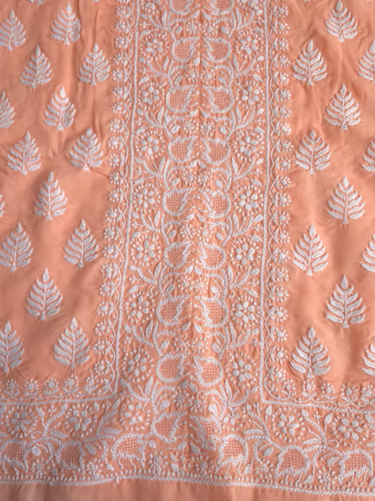 Image of Peach Cotton Kurta fabric with fine handwork &amp; Jaaliwork