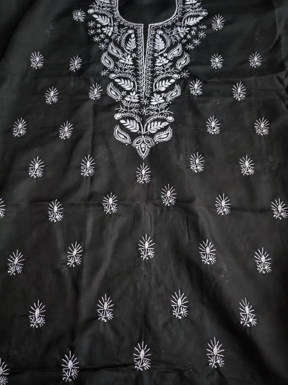Black kurta fabric with white chikankari work
