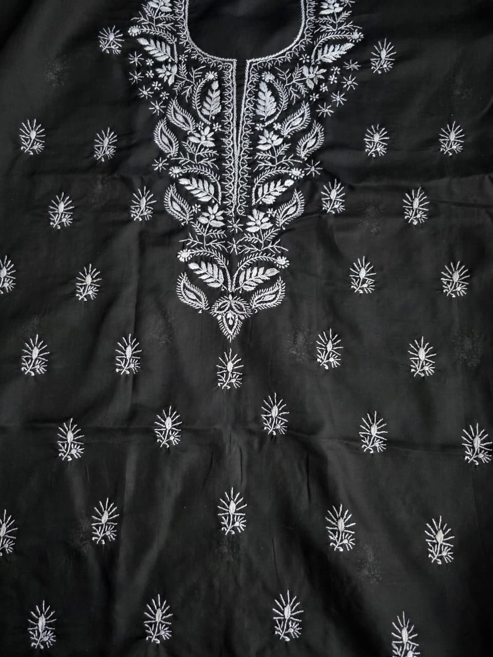 Black kurta fabric with white chikankari work