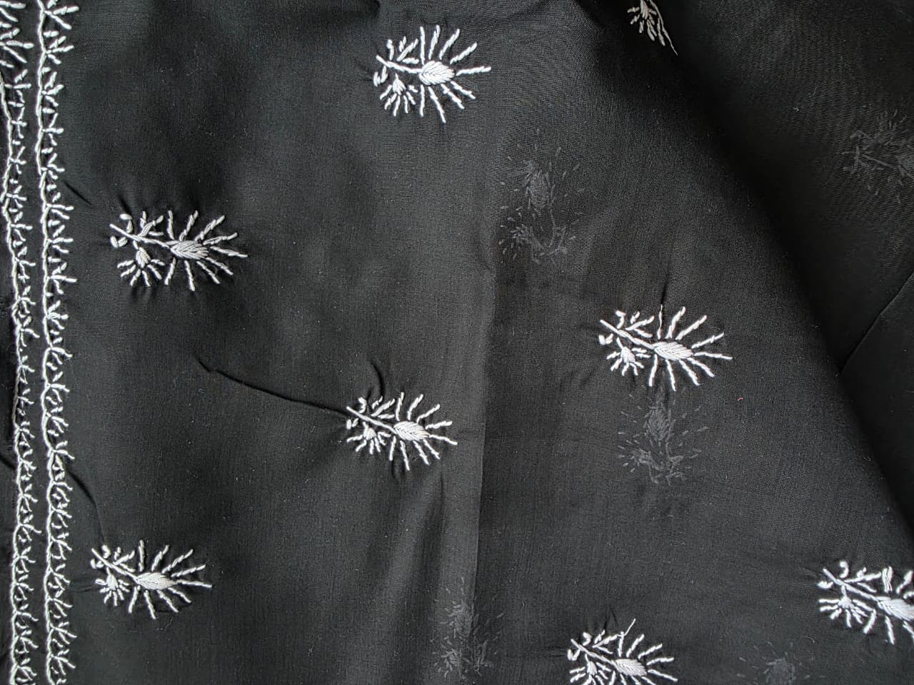 Black kurta fabric with white chikankari work